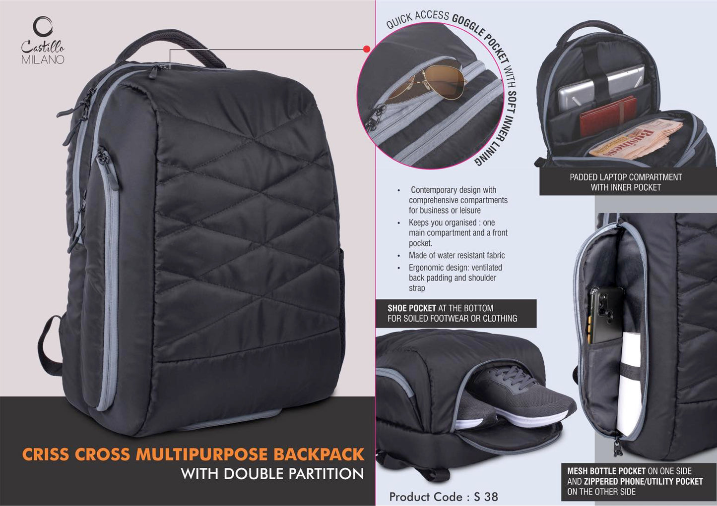 Criss Cross Multipurpose Backpack with Double Partition | Hidden phone and Goggle pockets