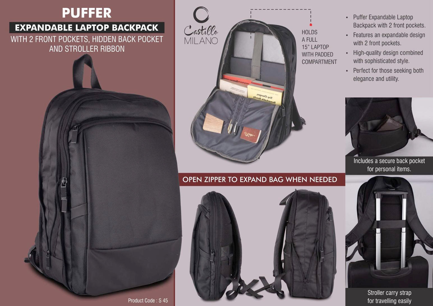 Puffer: Expandable laptop backpack with 2 front pockets, hidden back pocket and Stroller ribbon