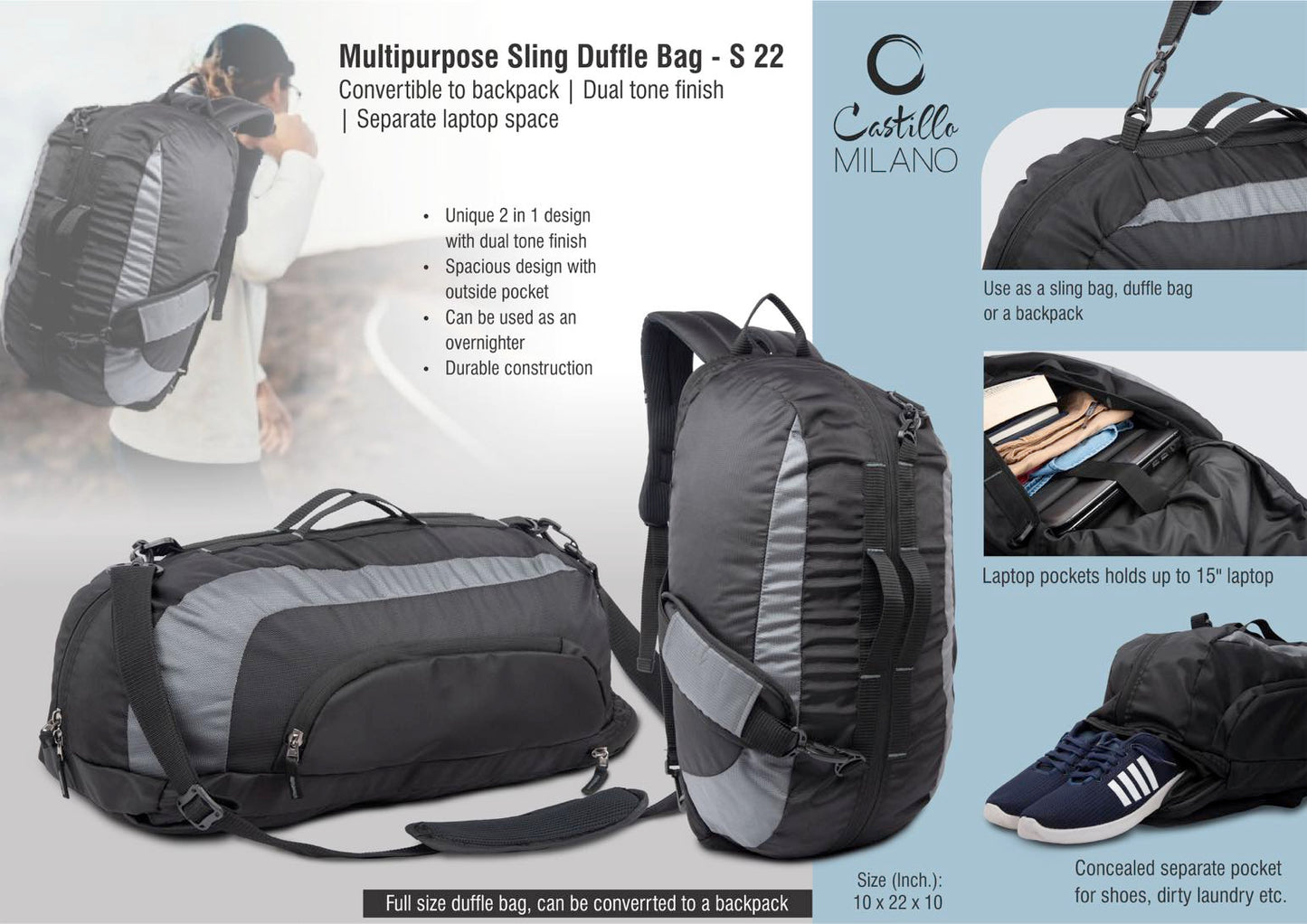 Multipurpose Sling Duffle Bag | Convertible to backpack | Dual tone finish | Separate laptop space