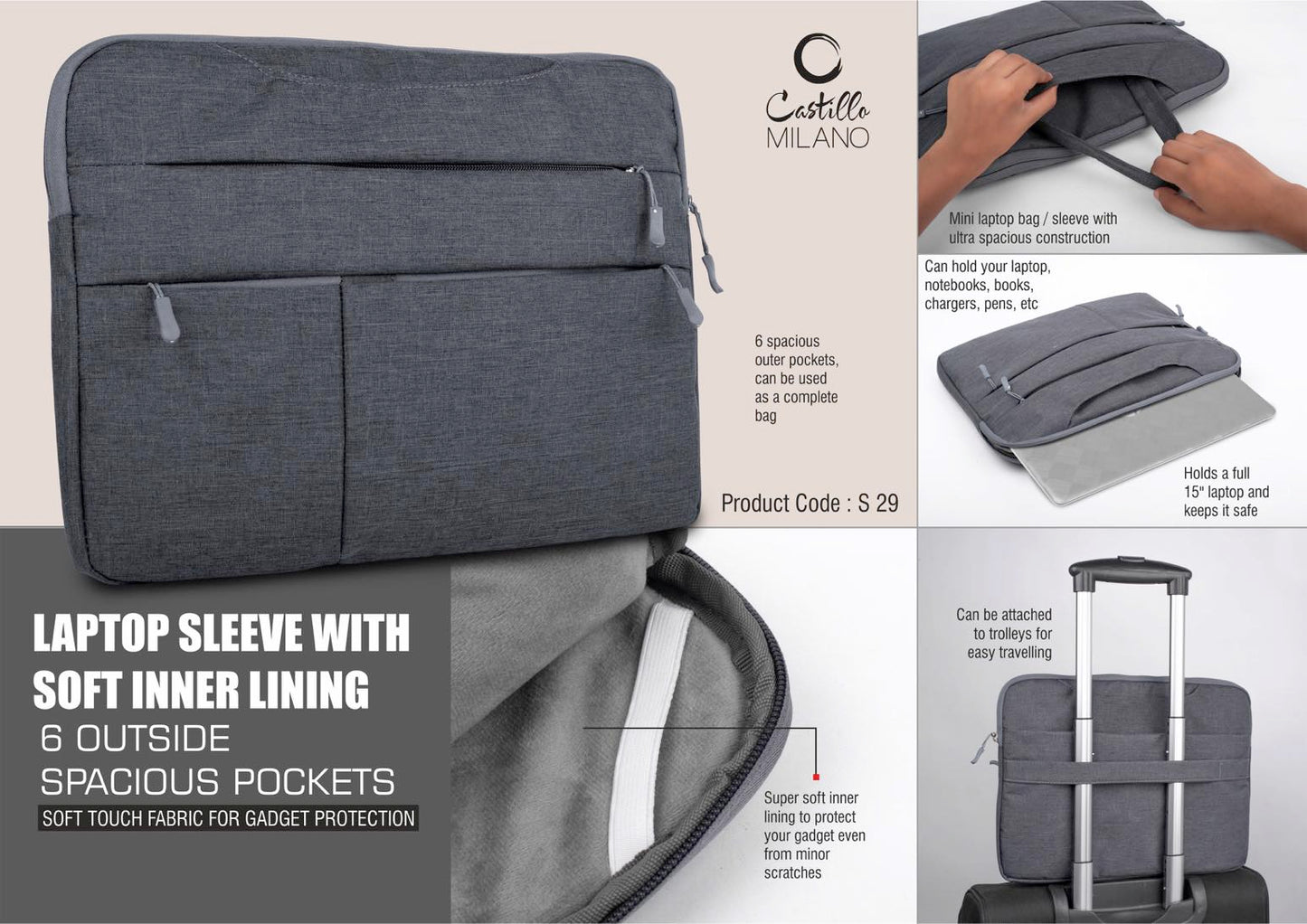 Laptop Sleeve with Soft inner lining | 6 outside spacious pockets  | Soft touch fabric