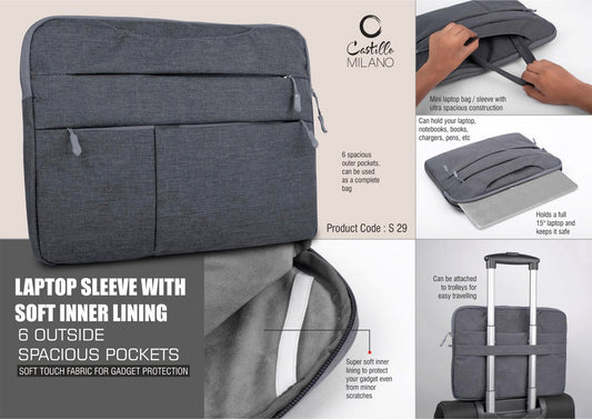 Laptop Sleeve with Soft inner lining | 6 outside spacious pockets  | Soft touch fabric