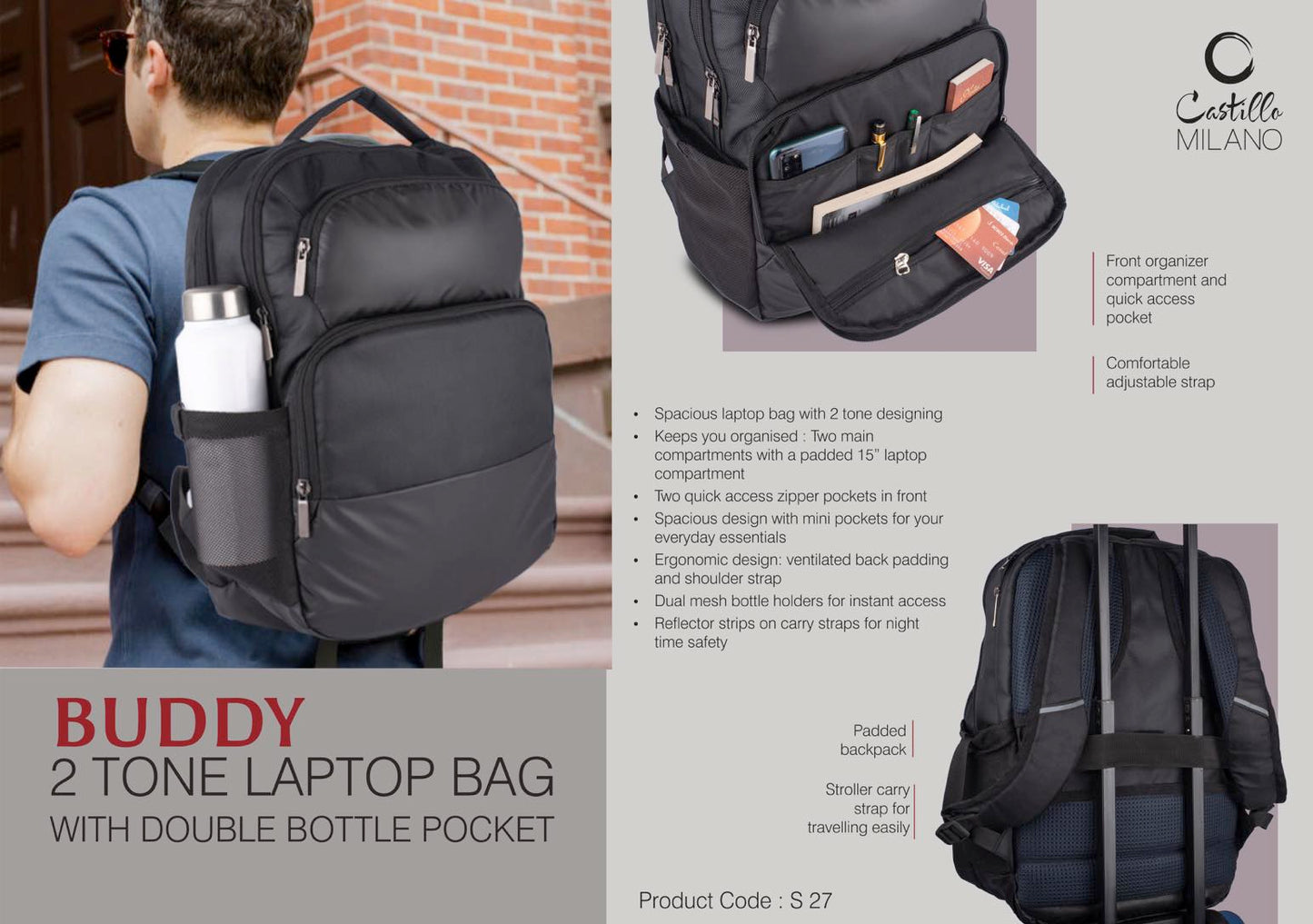 Buddy: 2 tone Laptop bag with double bottle pocket | organizer compartment and quick access pocket