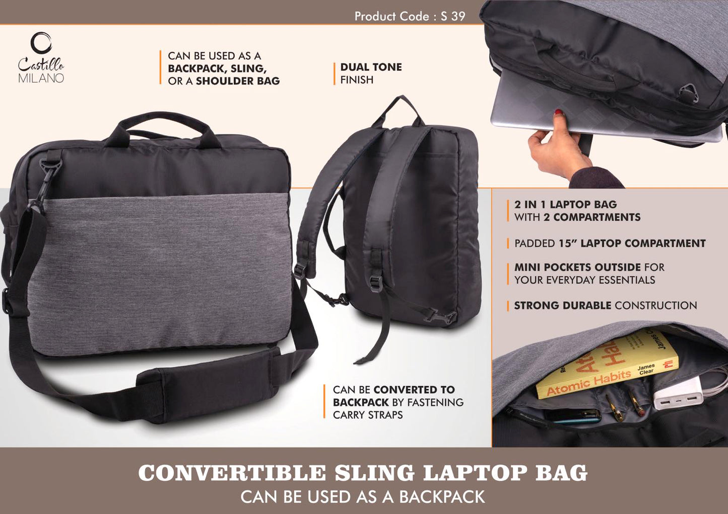 Convertible Sling Laptop Bag | Can be used as a backpack | Dual tone finish | Separate laptop space