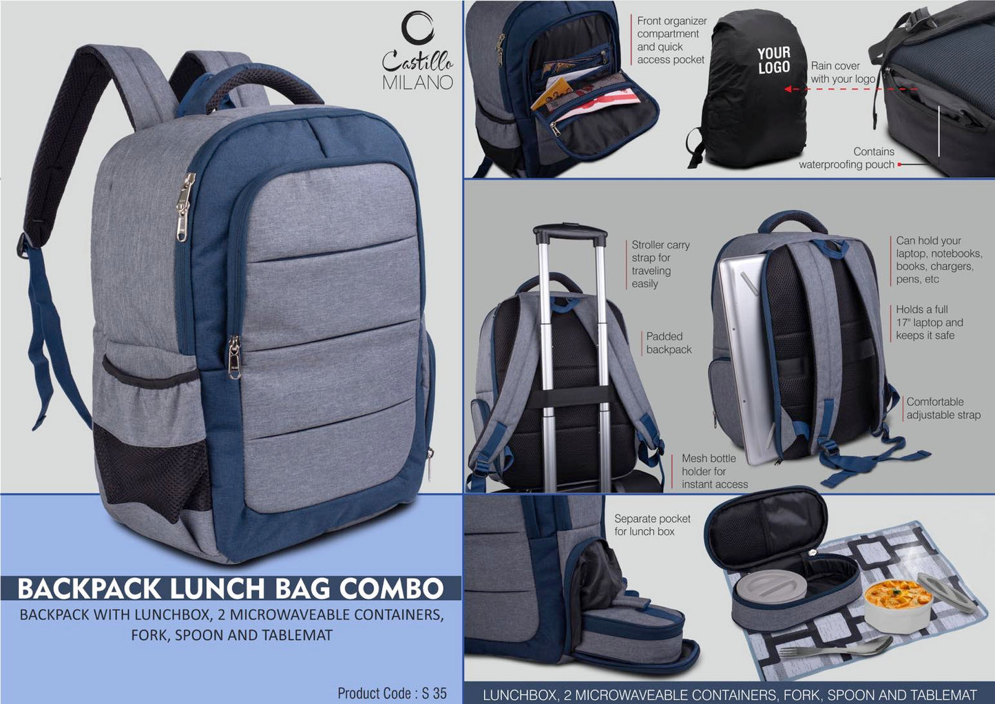 Backpack Lunch bag kit combo : Backpack with Lunchbox, 2 microwaveable containers