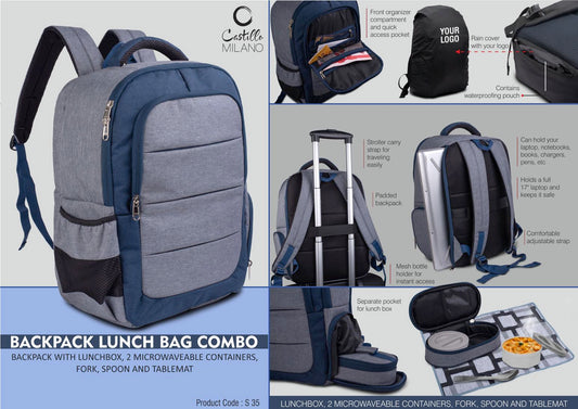 Backpack Lunch bag kit combo : Backpack with Lunchbox, 2 microwaveable containers