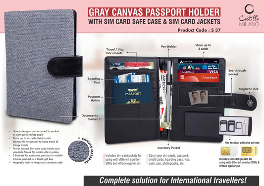 Gray Canvas Passport holder with Sim Card Safe Case & Sim Card Jackets