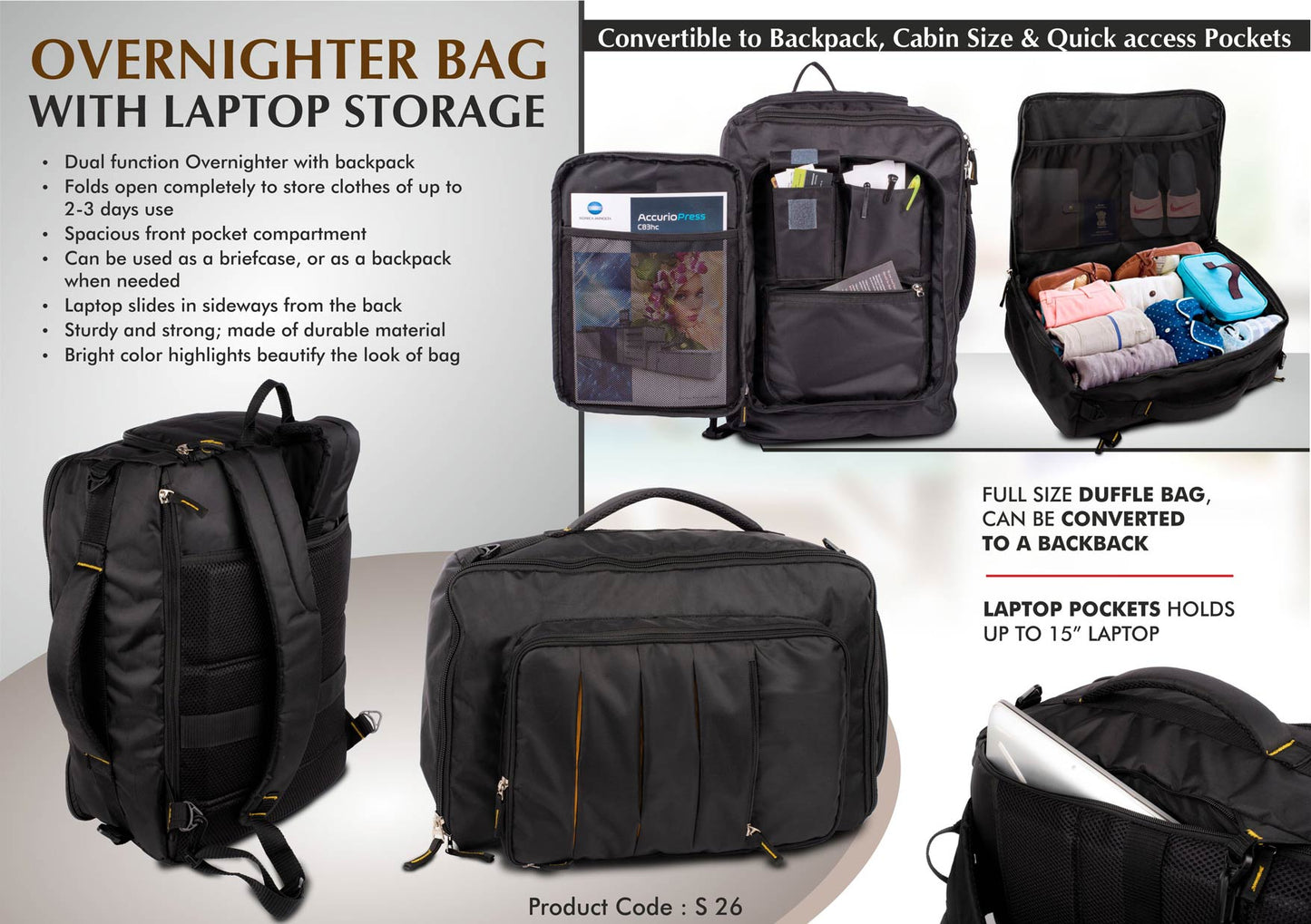 Overnighter bag with Laptop storage | Convertible to Backpack | Cabin size | Quick access pockets